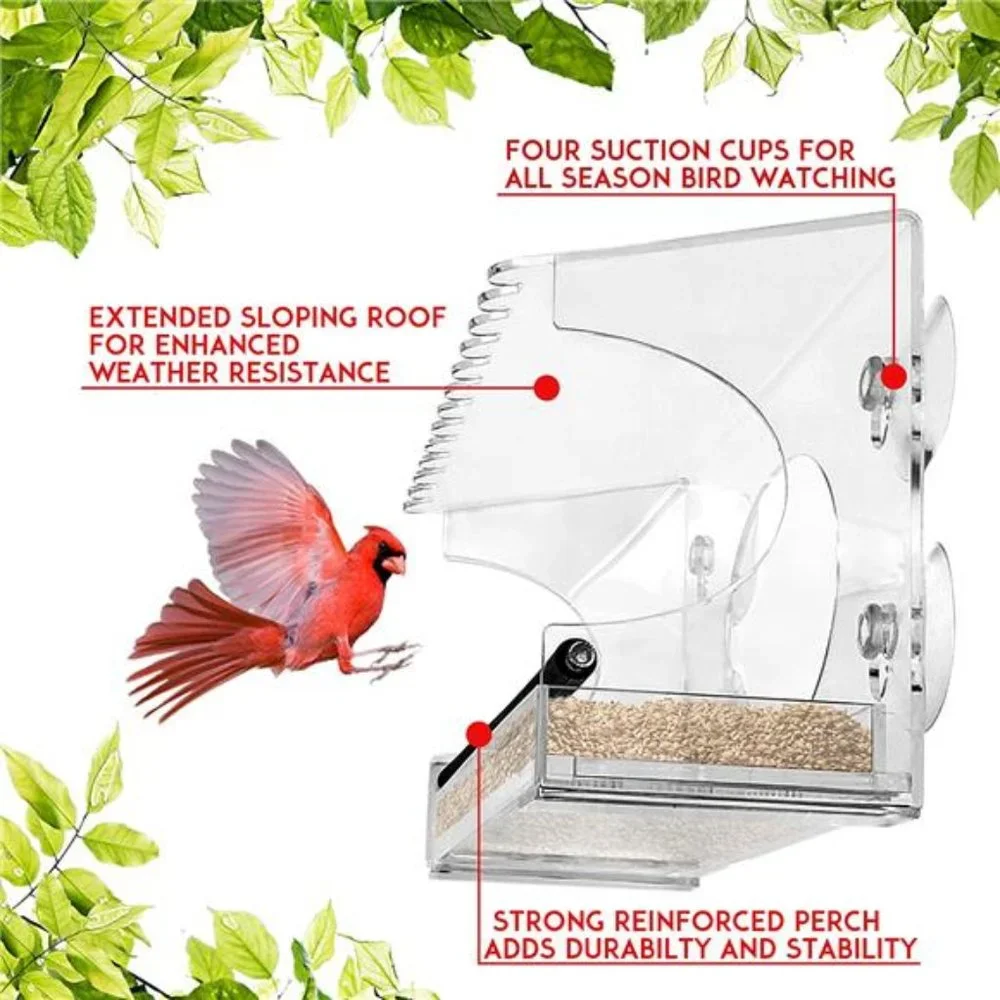XL Window Bird Feeder-Extended Roof- Steel Perch-Sliding Feed Tray Drains Water